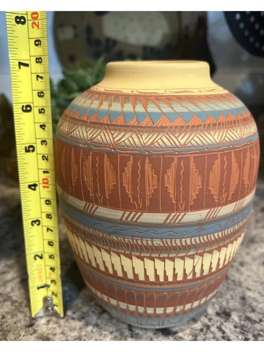 Native American Navajo Johnson Etched Painted Pottery Vase Southwestern Signed